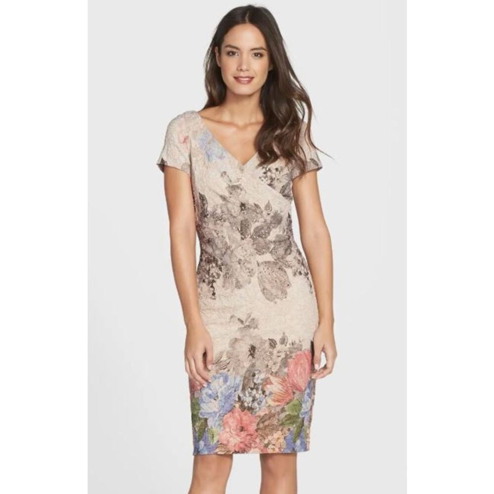 Adrianna Papell Matelassé Floral Jacquard Faux Wrap Dress Beige Metallic Thread